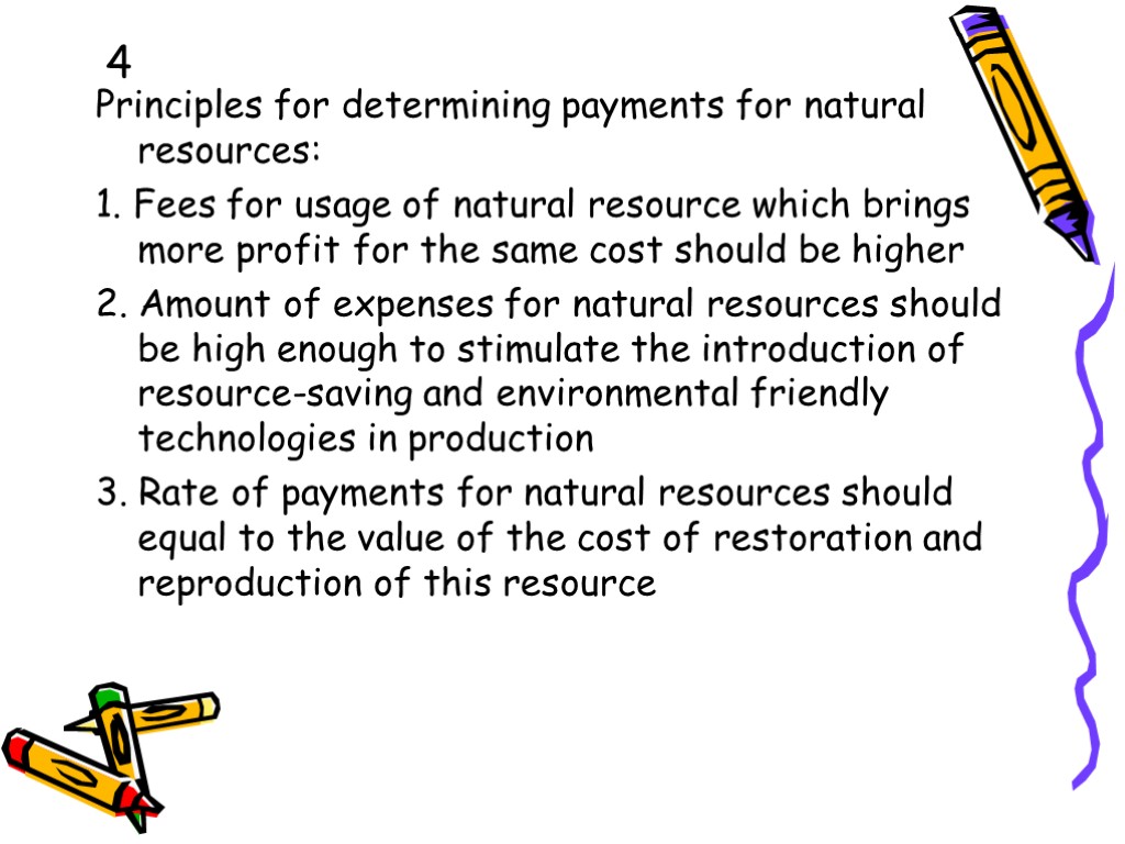 4 Principles for determining payments for natural resources: 1. Fees for usage of natural